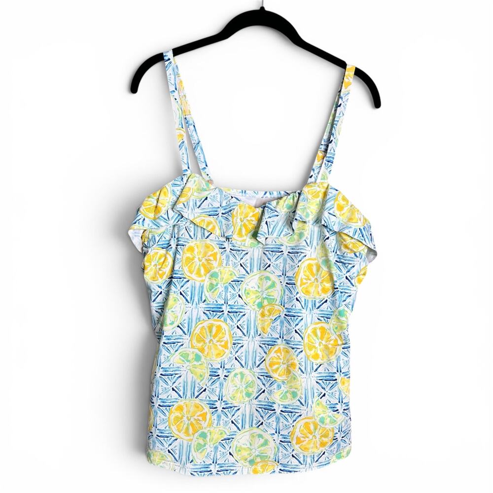 Lands' End Lemon Print Underwire Sweetheart Ruffle Tankini Size 16